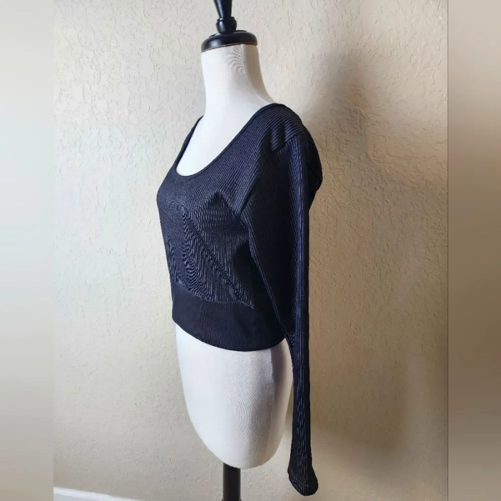 Aerie Offline Ribbed Long Sleeve Cropped Top Black Size XXL New